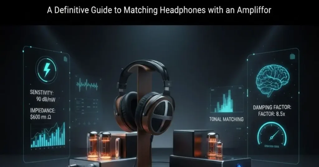 Abstract technical diagram illustrating the perfect electrical match between headphone impedance and amplifier output impedance for optimal damping factor.