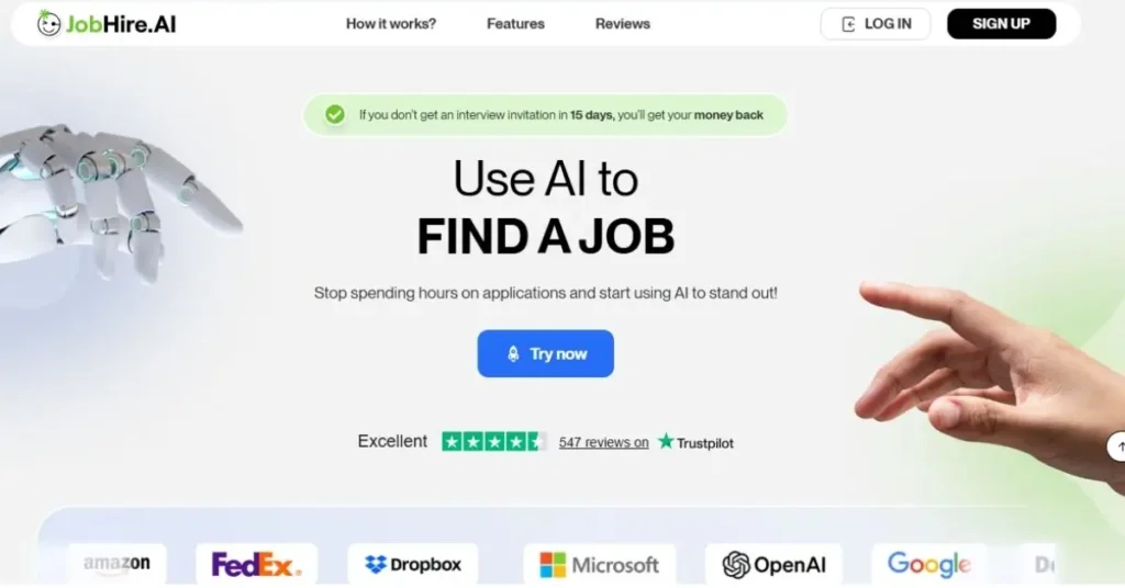 Screenshot of the JobHire AI homepage showing a robot hand reaching toward a human hand with a headline about using AI to find a job.