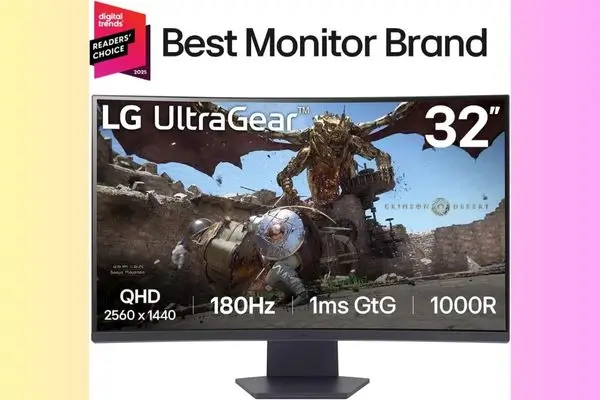 A promotional image of the LG UltraGear 32-inch curved gaming monitor displaying intense gameplay from Crimson Desert featuring a warrior battling a golden dragon. The screen highlights specs: QHD 2560 x 1440 resolution, 180Hz refresh rate, 1ms GtG response time, and 1000R curvature. A "Digital Trends Readers' Choice 2024 Best Monitor Brand" badge is in the top left on a pink-to-yellow gradient background.