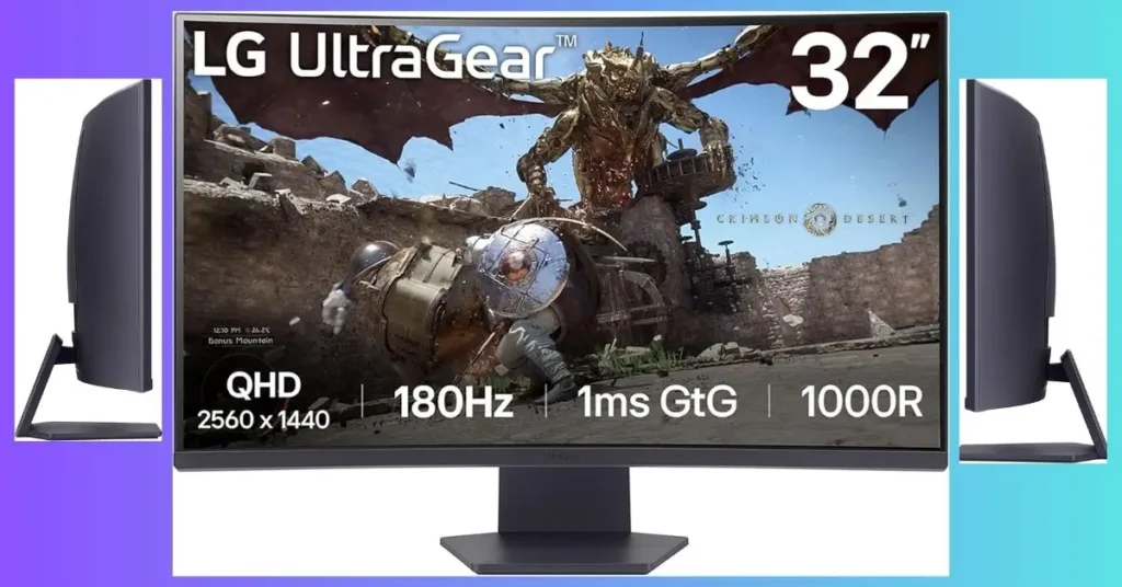 Multi-angle view of the LG UltraGear 32-inch curved gaming monitor displaying Crimson Desert gameplay with a warrior and dragon, highlighting specs like QHD 2560 x 1440, 180Hz, 1ms GtG, and 1000R. Side profiles show the slim bezels and adjustable black stand on a purple-to-cyan gradient background.