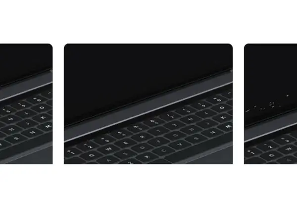 Macbook pro: Three side-by-side close-up images of a dark gray laptop keyboard: left panel shows a tilted side angle view of the keys; middle panel displays a straight front view; right panel features a front view with small white particles or dust specks floating toward the keys, on a white background.