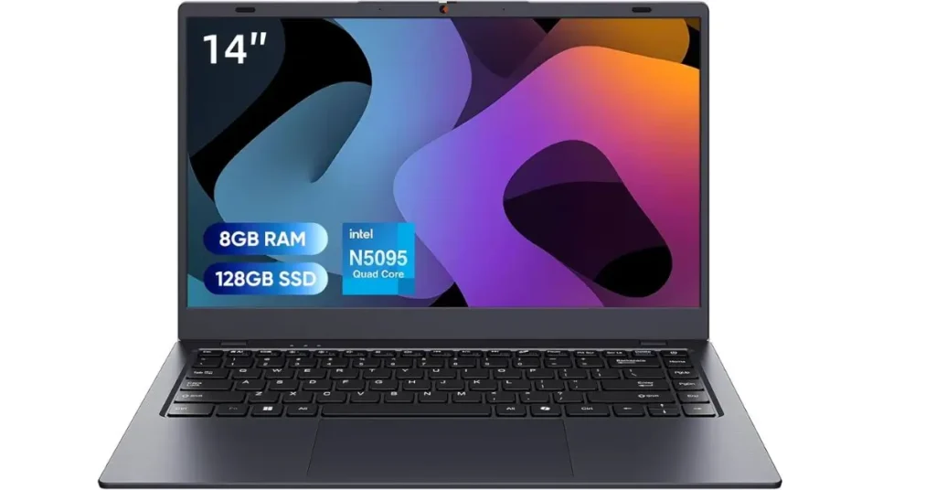 MARGOLAI 14: A dark gray 14-inch laptop displaying colorful abstract shapes on its screen. Overlays show the core technical specifications: "14 inches," "8GB RAM," "128GB SSD," and the Intel N5095 Quad-Core processor badge.