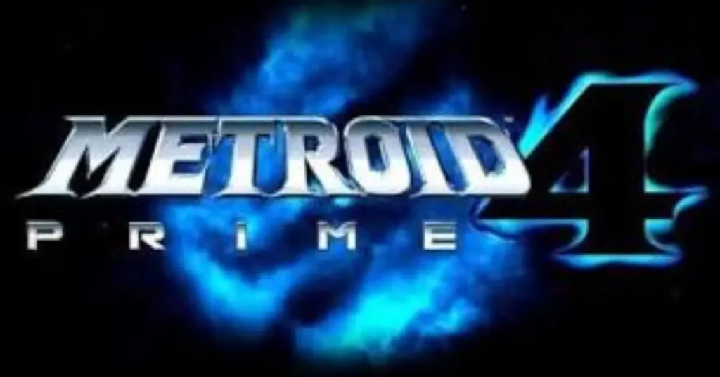 Metroid Prime 4 game logo with metallic text on a glowing blue cosmic background