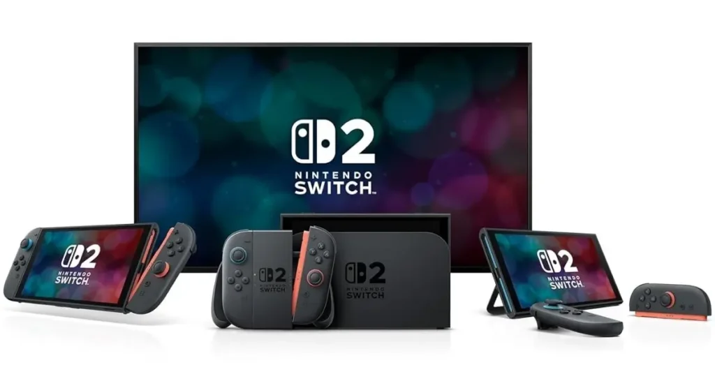 Nintendo Switch 2 console with detached gray Joy-Con 2 controllers and black dock displaying "Nintendo Switch 2" logo.