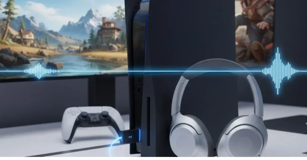 Connect Bluetooth Headphones to PS5: A close-up view of a black PlayStation 5 console with a silver over-ear Bluetooth headphone resting next to it. A small blue-glowing USB-C audio adapter is plugged into the PS5's front port, symbolizing the connection bridge. A white DualSense controller sits in the background, and the screen displays an active video game with an audio waveform connecting the adapter to the headphones.