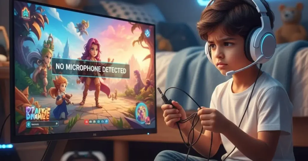 PS5 Bluetooth Headset Troubleshooting: A cute young boy, wearing headphones, leans over a PlayStation 5 console, carefully adjusting a cable or adapter connected to the front USB port, focused on fixing an audio problem.