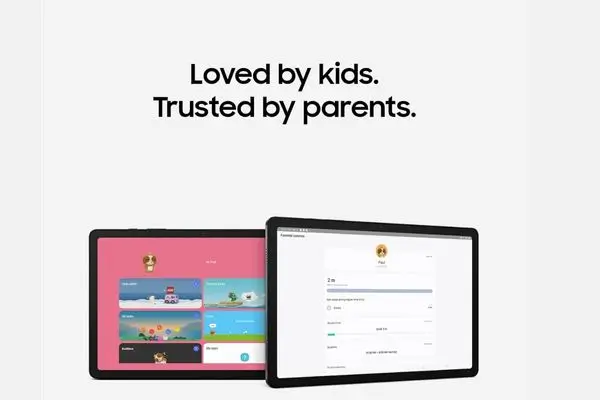 Two Samsung Galaxy Tab A9+ screens demonstrating the Samsung Kids app and parental control dashboard with the slogan: "Loved by kids. Trusted by parents."