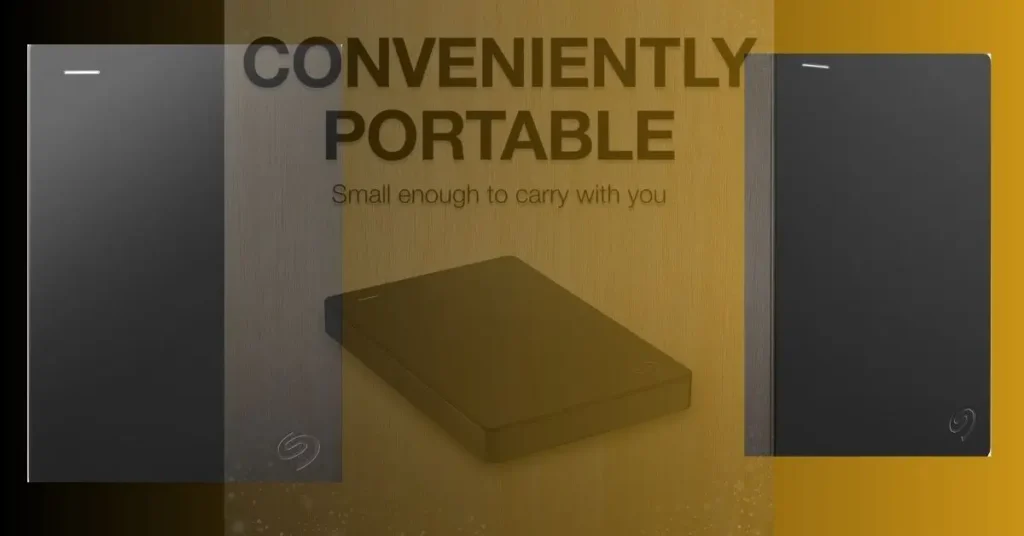 Seagate portable external hard drive shown from three angles against a gold background with text "CONVENIENTLY PORTABLE – Small enough to carry with you", emphasizing slim, lightweight design for on-the-go storage.