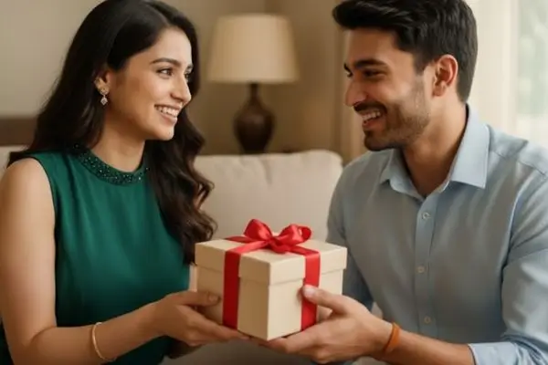 gift for sister: Man and woman, both smiling, sitting on a couch and exchanging a cream-colored gift box wrapped with a red ribbon.