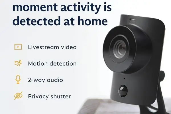 home Security: A close-up view of the black SimpliCam indoor security camera with a bulleted list of its features next to it: Livestream video, Motion detection, 2-way audio, and Privacy shutter.