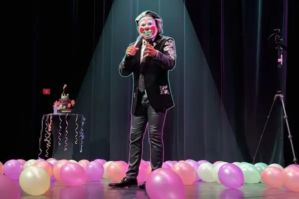 Comedian/clown on a dark stage holding a microphone, surrounded by pastel pink, white, and green balloons, with a tiered cake and camera tripod visible.