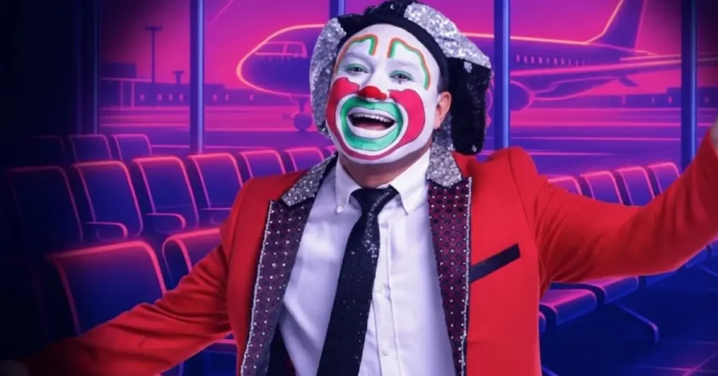 Comedian/clown brincos dieras in a bright red sequined jacket, white shirt, and black tie smiling enthusiastically against a neon pink/blue airport waiting area with an airplane silhouette outside the window.