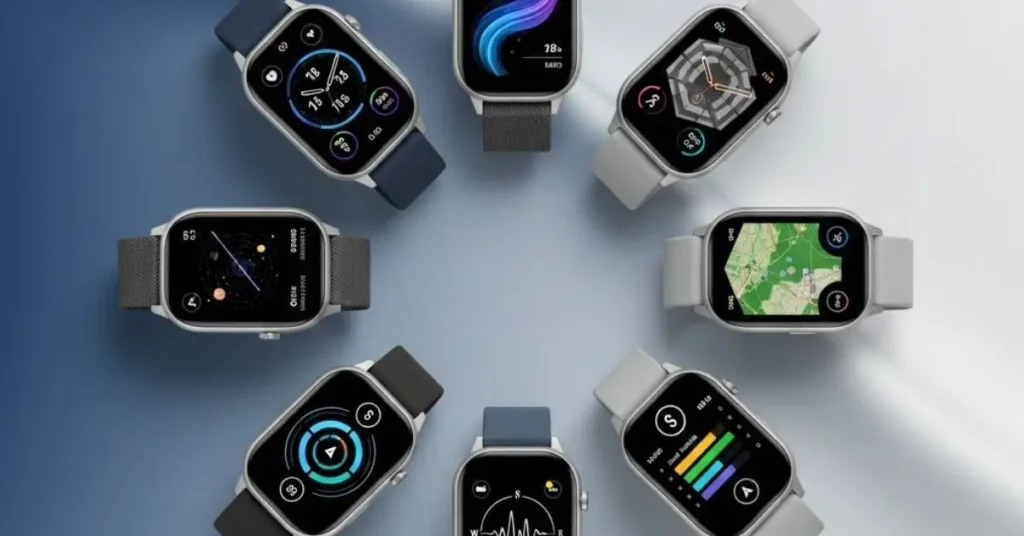 A clean, modern flat-lay of seven best smartwatches arranged in a neat circle on a soft gradient background of blue, silver, and white.