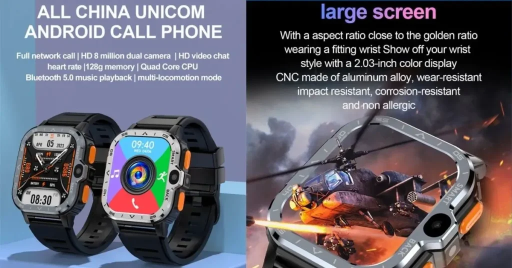 All-China Unicom 5G Android call phone smartwatch with 128GB storage, dual 8MP cameras, heart rate, quad-core CPU, and CNC aluminum alloy body shown in extreme helicopter explosion background.