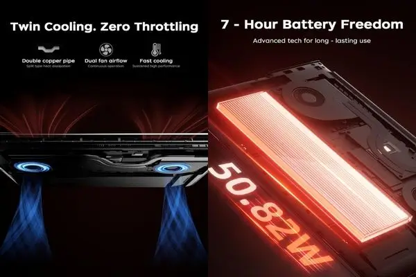 MALLRACE RX16: Left side shows "Twin Cooling, Zero Throttling" with a diagram of a double copper pipe cooling system, dual fan airflow emitting blue streams, and labels for fast cooling and sustained performance. MALLRACE RX16