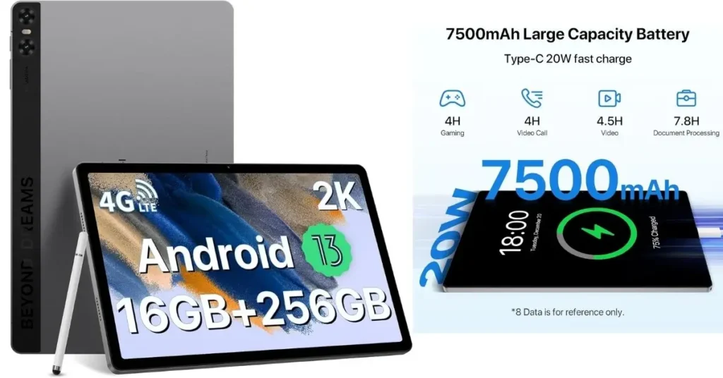 Multi-view promotional composite of the UMIDIGI A15 Tab in gray, featuring side and front angles with a stylus attached.