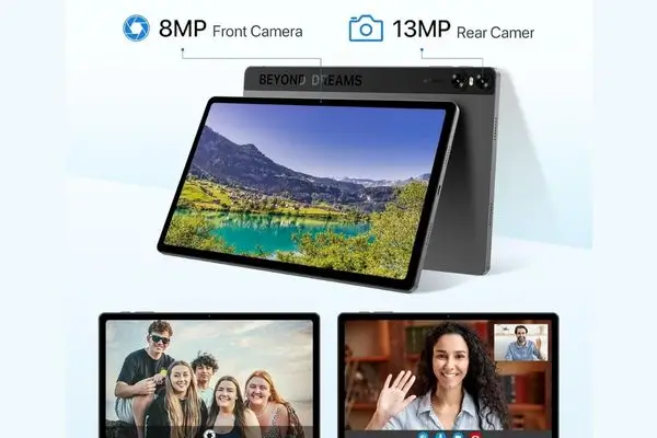 Composite promotional view of the UMIDIGI A15 Tab in gray, showing front and angled perspectives with labels for "8MP Front Camera" and "13MP Rear Camera." The main screen displays a scenic mountain lake landscape, while smaller insets demonstrate group selfies and video calls on a white background