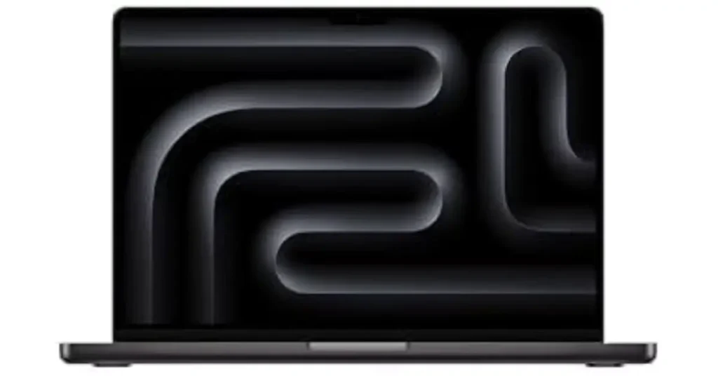 Front view of an open dark gray laptop with a black screen featuring subtle gray wavy, serpentine lines forming an abstract flowing pattern, resembling a dynamic wallpaper, set against a white background.