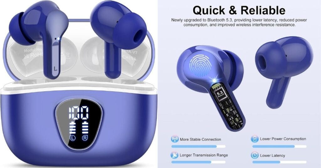 A blue charging case with the lid open showing two blue wireless earbuds and a digital LED display indicating 100% battery charge. The right side shows a magnified view of an earbud with an internal chip diagram and a list of benefits: More Stable Connection, Lower Power Consumption, Longer Transmission Range, and Lower Latency.