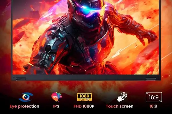 MHCYX R1 15.6" 2-in-1 convertible laptop in tent mode showing Core i3-1215U (6C/8T), RJ45 Ethernet, and touchscreen with gaming artwork.