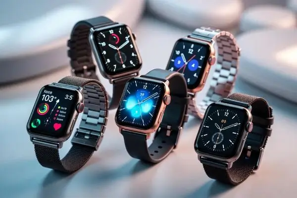 The devices feature various straps (mesh metal, silicone, leather) and sleek metallic bodies.