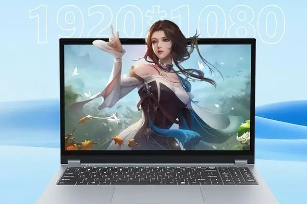 AVENKA G3: Open gray laptop displaying a high-detail anime-style illustration of a young woman with flowing hair, elegant attire, and autumn leaves against a soft blue sky. Large overlaid white text reads "1920*1080" across the top, highlighting the Full HD resolution.