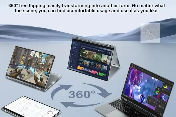 Promotional image showcasing a silver 16-inch convertible laptop in four different modes arranged in a circular layout with a large "360°" arrow connecting them. From bottom-left clockwise: tablet mode displaying a document, standard laptop mode showing video editing software with a colorful portrait, tent mode with a media streaming interface, and another laptop angle playing a racing video game. Background features a serene mountain lake scene. Text overlay reads: "360° free flipping, easily transforming into another form. No matter what the scene, you can find a comfortable usage and use it as you like."