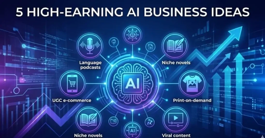 High-earning AI business ideas including print on demand, niche novels, podcasts, ecommerce, and viral content creation