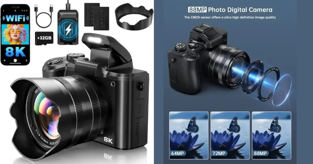 Close-up product shot of a black 8K digital camera with 18x optical zoom lens (F2.8-4.8, 4-48mm), extended flash, microphone, and mode dial, surrounded by included accessories: two batteries, dual charger, USB-C cable, 32GB SD card, lens hood, wrist strap.