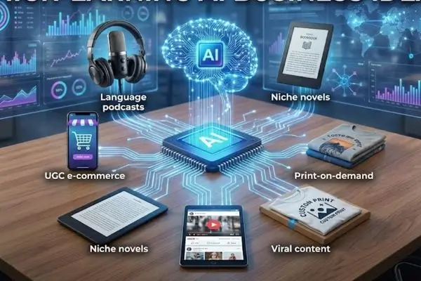 AI-powered business ecosystem showing print on demand, podcasts, viral content, UGC ecommerce, and niche digital products