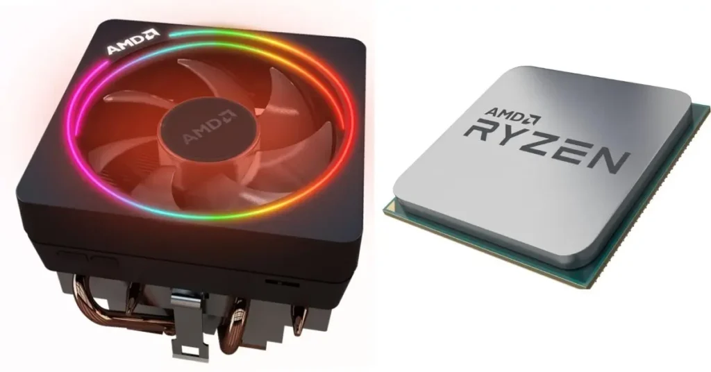 Gaming PC: Side-by-side render of an AMD Wraith Prism stock CPU cooler on the left, featuring a black cylindrical fan with a central AMD logo, surrounded by a vibrant multicolored RGB LED ring glowing in rainbow colors