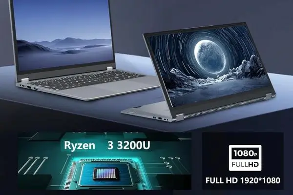 Promotional split-view of two silver-gray 2-in-1 convertible laptops open on a dark gradient background. Left laptop displays a serene mountain lake at dusk; right shows a cosmic moon and starry swirl. Bottom inset highlights the AMD Ryzen 3 3200U processor chip with glowing cyan circuits and "FULL HD 1920×1080" label.