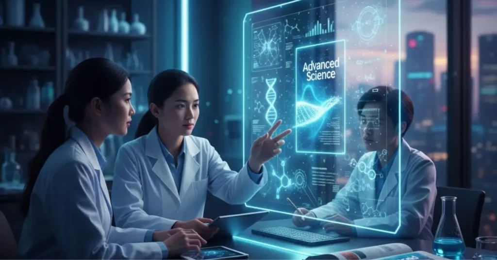 A professional, abstract graphic featuring complex, interlinking geometric shapes or glowing neural networks, symbolizing the convergence of physics, chemistry, and engineering in advanced science research.