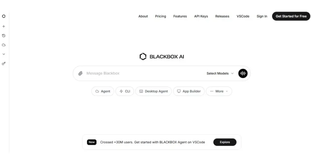 Screenshot of the BLACKBOX AI review website homepage, centered around a search bar for messaging Blackbox and selecting models. Below the search bar are options labeled "Agent," "CLI," "Desktop Agent," and "App Builder." The navigation bar includes links for "About," "Pricing," "Features,