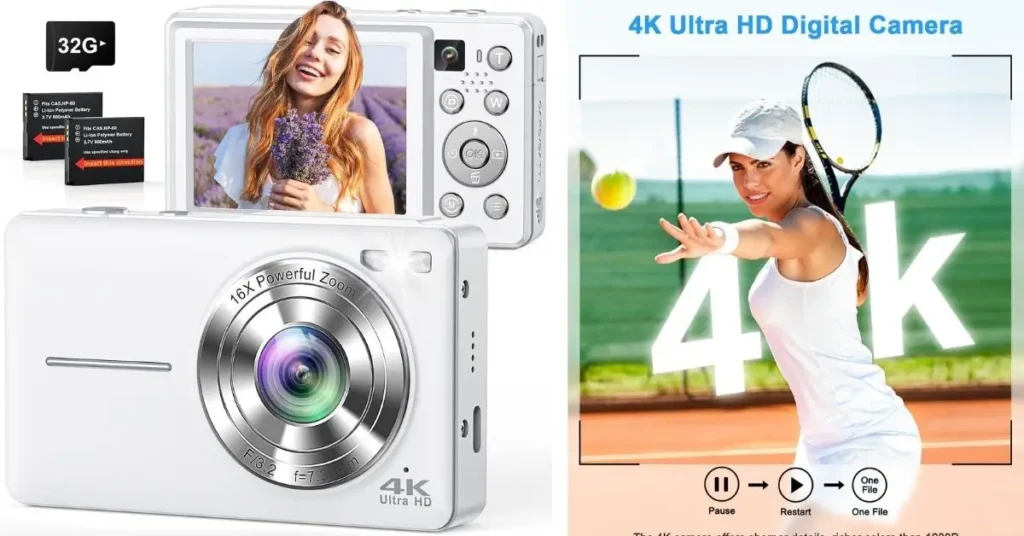 White compact 4K digital camera displayed from front and back angles, featuring a large silver lens ring, 2.8-inch flip-out LCD screen showing a smiling woman in a lavender field, 16x zoom label, and included accessories: 32GB SD card, two NP-40 batteries