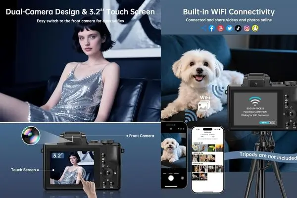 Promotional collage highlighting dual-camera design and WiFi connectivity on a black 8K digital camera. Left side shows a young woman in a silver dress using the front camera for selfies on a 3.2-inch touchscreen,XNSIAKXA