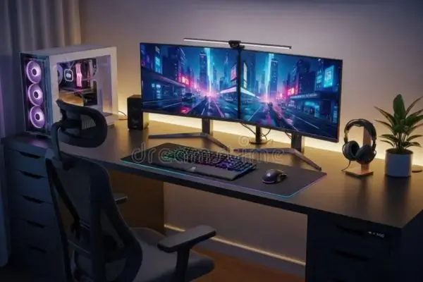 Immersive nighttime gaming desk setup featuring a sleek black L-shaped desk with dual ultrawide monitors displaying a vibrant cyberpunk cityscape with neon lights and flying vehicles. RGB-lit white PC tower with purple fans sits to the left, mechanical RGB keyboard and mouse on a large desk mat, ergonomic gaming chair, over-ear headset on a stand,