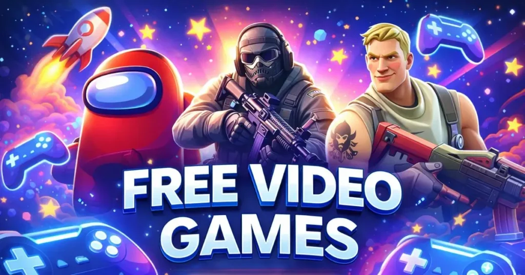 Colorful illustration showing popular free video games with characters, controllers, and the text “Free Video Games – Play for Free
