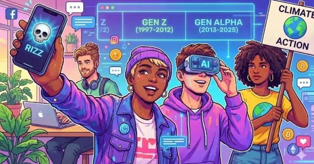 Illustration of Gen Z age and Gen Alpha using smartphones, AI, social media, and virtual reality technology. what is Gen z.
