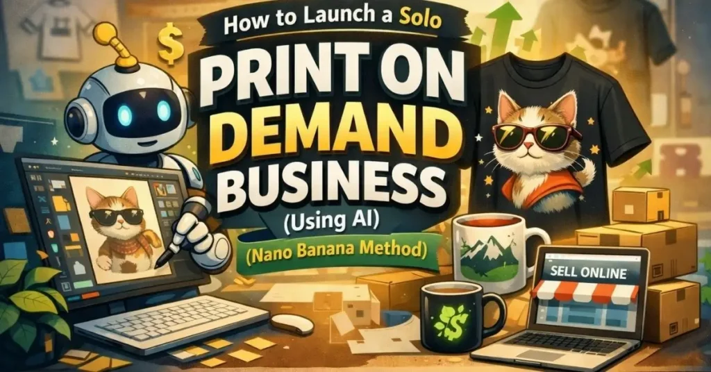 AI-powered print on demand business setup showing an AI robot creating designs, custom t-shirts, mugs, and online selling tools