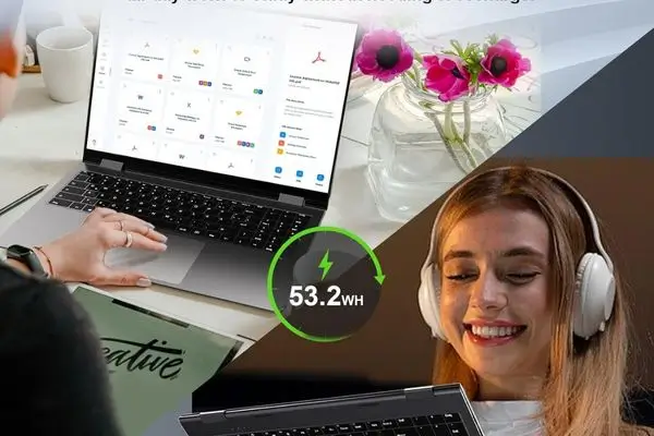 Split promotional image: on the left, a person using a silver 16-inch laptop on a white desk with a coffee mug and pink tulips in the background, screen showing a Windows Start menu with app tiles; a green battery icon in the center displays "53.2Wh". On the right, a young woman wearing white headphones smiles while looking at the same laptop in a darker setting, suggesting long-lasting battery for extended use.