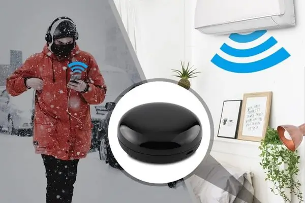Smart IR: Moes infrared universal remote control hub shown in a split lifestyle scene: a person walking outdoors in the snow controlling home appliances via smartphone app with Wi-Fi signal, and the black round device placed indoors near an air conditioner emitting Wi-Fi waves.