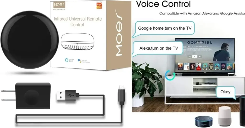 Moes infrared universal remote control product package and accessories including the black round hub, power adapter, and USB cable, alongside a demonstration of voice control compatibility with Amazon Alexa and Google Assistant turning on a TV.