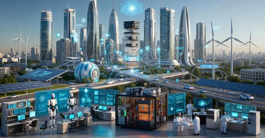 New Technologies: Futuristic cityscape featuring advanced sustainable architecture with sleek, curved skyscrapers covered in green vegetation, solar panels, and holographic blue digital interfaces displaying AI, robotics, quantum computing, and biotechnology icons.