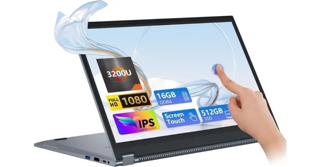 Sleek gray 360° convertible laptop open in laptop mode on a dark surface, with semi-transparent floating icons and labels over the screen: Ryzen 3 3200U processor badge, Full HD 1080p, 16GB DDR4 RAM, 512GB SSD, IPS touchscreen, super clear display. A finger taps the touchscreen, surrounded by swirling translucent light effects.