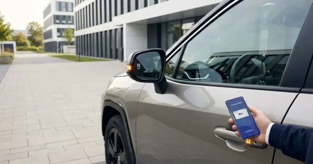 Samsung Wallet: Samsung and Toyota Partner to Launch Digital Key: A close-up shot of a Samsung smartphone being held near a modern Toyota car door handle. The phone screen displays the Samsung Wallet digital key interface as it unlocks the car wirelessly.