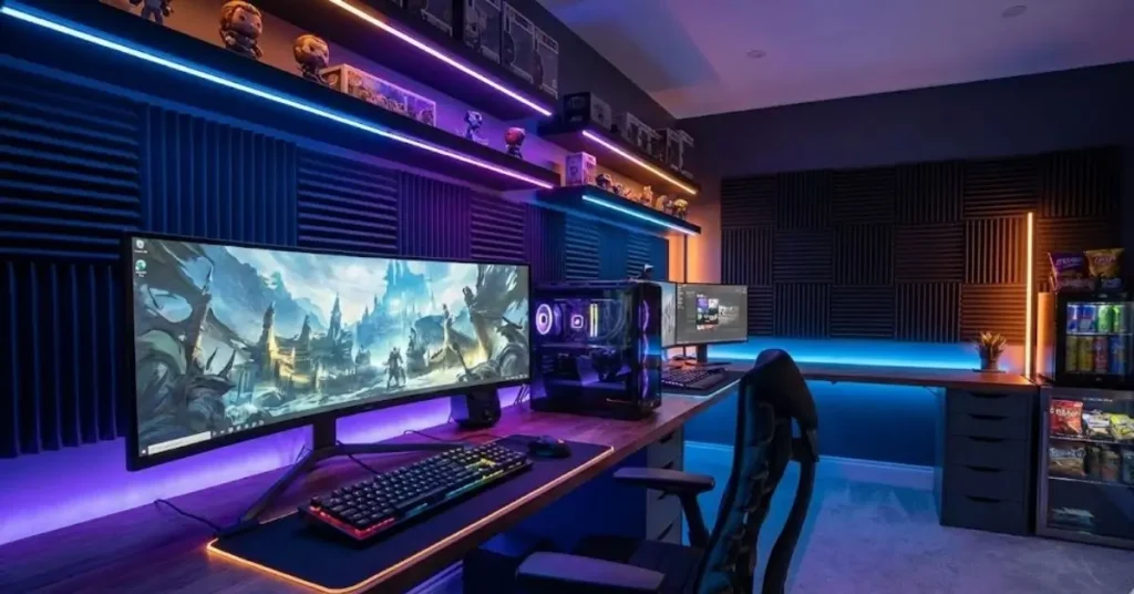 A wide-angle view of a modern gaming room featuring an ergonomic desk, multiple curved monitors, and a premium gaming chair. The room is bathed in ambient purple and blue LED lighting with acoustic panels on the walls.