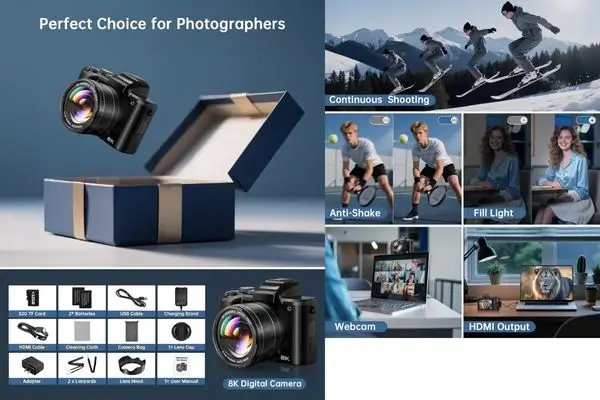 High-end product presentation of an 8K digital camera in an open navy-blue gift box with gold trim, surrounded by accessory icons (batteries, USB cables, HDMI, 32GB card, lens hood, cleaning cloth, charger, camera bag).