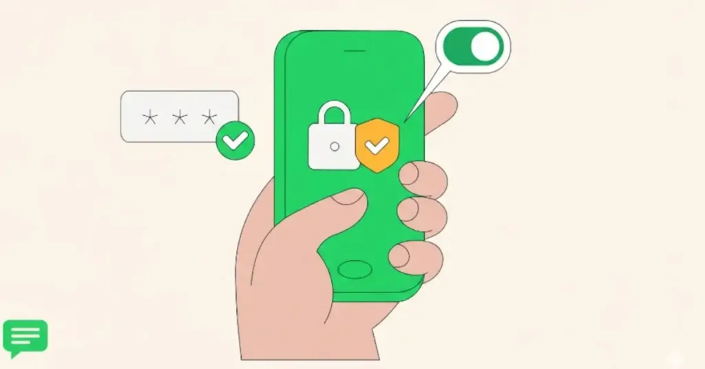 A hand holding a green smartphone displaying a lock and shield icon with a toggle switch, representing whatsapp high-security account settings.
