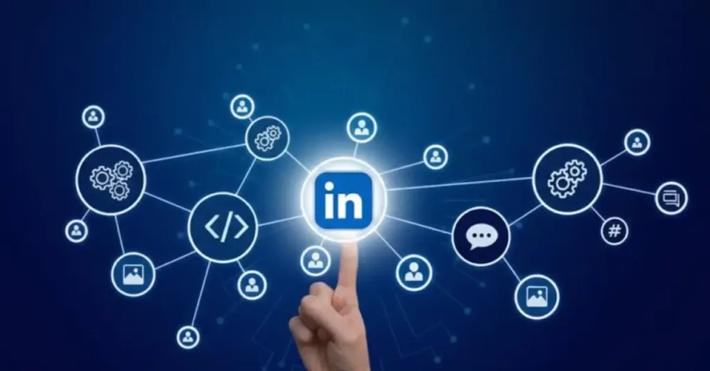 A hand touching a glowing digital node with a professional networking logo, surrounded by interconnected icons representing coding, data, communication, and verified skills.